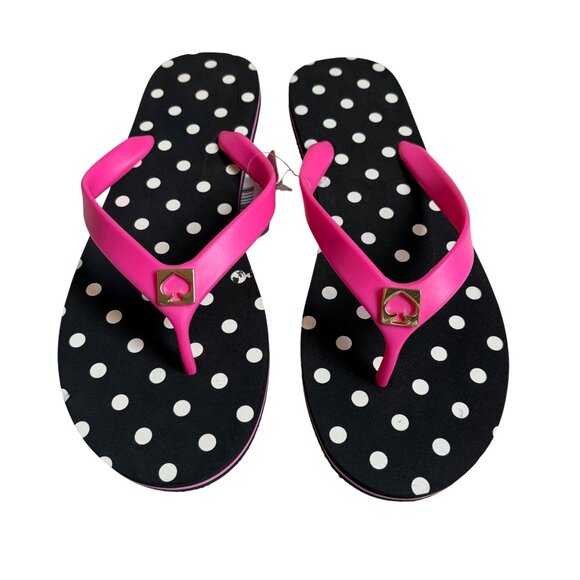 NWT Kate Spade Gulabi Pink Black & White Polka Dot Flip Flops - Size 9 - Picture 1 of 8
